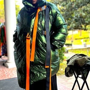 Quilted Asymmetrical Puffy Oversized Metallic Green Winter/Outwear Coat